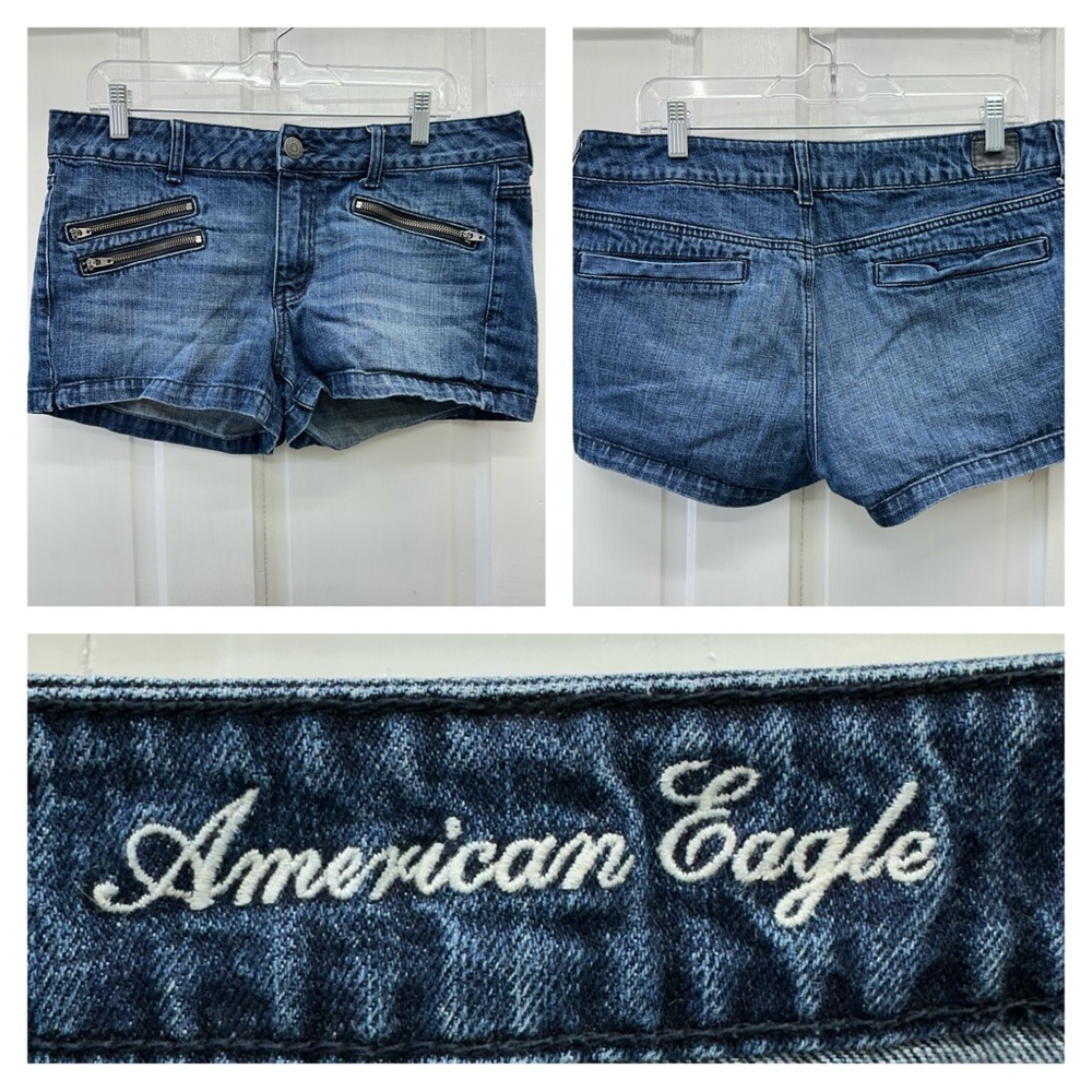 American Eagle AE denim jean shorts zipper‎ accents women's 12 dark wash
